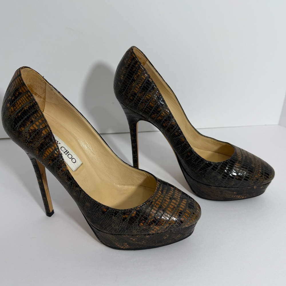 Jimmy Choo-Brown/Gold, Lizard Embossed, Anthracite, Platform, Pump/Heel. Sz-37.5 - Picture 4 of 11